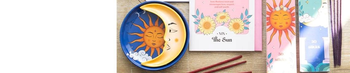 Wholesale celestial gifts and homeware featuring star, sun and moon designs including moon phase and zodiac sign products. Perfect for spiritual, mystical and gift retailers. No minimum order and worldwide shipping.