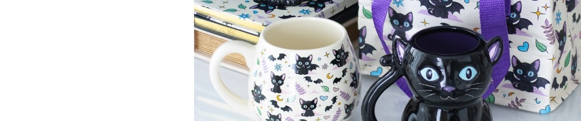A purr-fectly spooky Halloween range featuring a bat-winged black cat, designed in moody purples and blacks. Created for younger witchy audiences, this collection offers enchanting decor that’s more treat than trick.