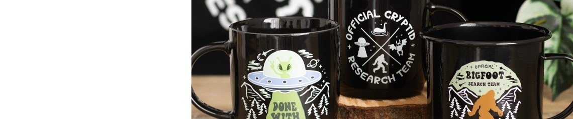 Wholesale Camp Cryptid gift range inspired by aliens, Bigfoot and campfire conspiracies. Bold graphic designs on enamel-style mugs, glow-in-the-dark details and novelty homeware for true believers. No minimum order and worldwide shipping.