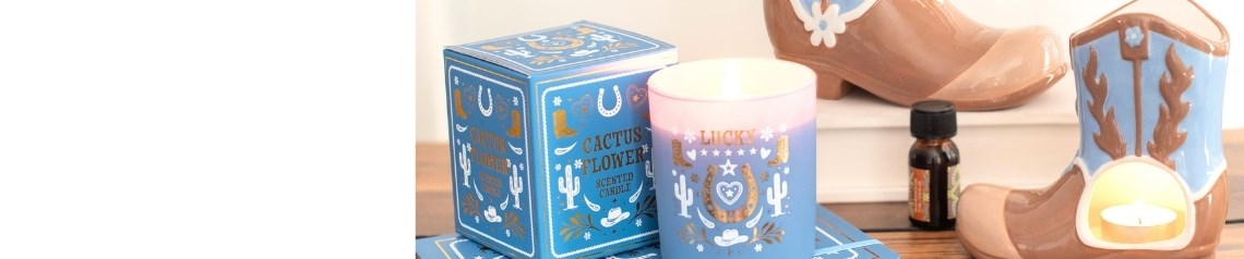 A gama de artigos de presente de estilo western da Lucky Charm e da Saddle Up, para venda por grosso, inclui botas de cowboy, ferraduras, casas de rancho, cactos, caveiras e motivos de saloon em artigos para o lar e acessórios nas cores azul, bege e castanho.