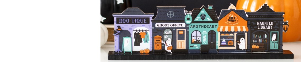 Spooky Street wholesale Halloween collection with friendly ghosts, haunted shopfronts and spooky neighbourhood designs for fun retail displays. No minimum order and worldwide shipping.