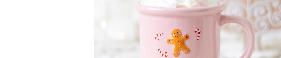 Christmas gift range with pink gingerbread houses, cocoa mugs and festive decor. Eye-catching seasonal designs for families. Ships globally, no minimum order.