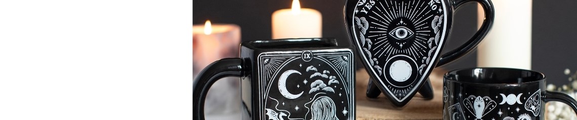Spellbound Secrets wholesale gothic gifts with bold black and white graphics, moons, mystical details, mugs, candles and occult accessories for alternative retail displays. No minimum order and worldwide shipping.