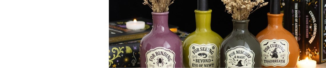 Witch's Apothecary wholesale Halloween gifts with spell book designs, potion room style, witchy trinkets and magical decor for shops. No minimum order and worldwide shipping.