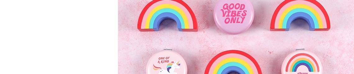 Wholesale rainbow gifts and accessories. Colourful designs including mugs, keyrings, notebooks and suncatchers.