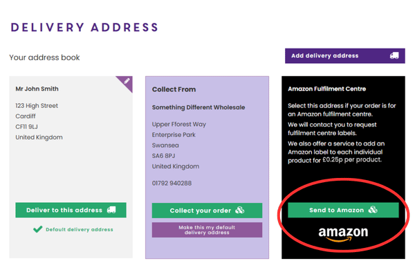 Select Amazon Fulfilment Centre at Checkout Something Different Wholesale checkout showing the Amazon Fulfilment Centre delivery option for FBA sellers