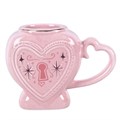 Tazza con medaglione a forma di cuore e bastoncino per mescolare a forma di chiave