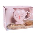 Tazza con medaglione a forma di cuore e bastoncino per mescolare a forma di chiave
