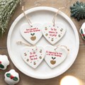 Set of 24 Christmas Pudding Ceramic Hearts on Display