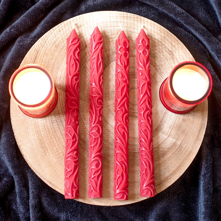 Set of 4 Red Debossed Taper Candles