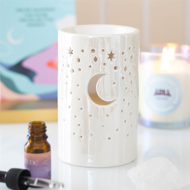Iridescent White Moon Pillar Oil Burner and Wax Warmer