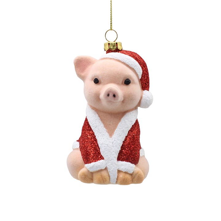 Weihnachtsschwein als Hängedekoration mit Flockbeschichtung