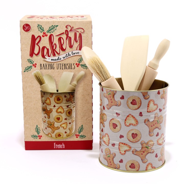 Set of 4 Wooden Baking Utensils in Tin Holder