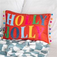 Red Holly Jolly Cushion with Pom Poms