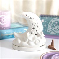 White Pastel Skies Moon Incense Cone Holder