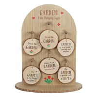 Set of 30 Garden Wood Slice Signs on Display